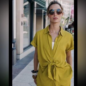 NWT: Zara Mustard colour Women's Tie-Front Shirt in Linen Sz: XL